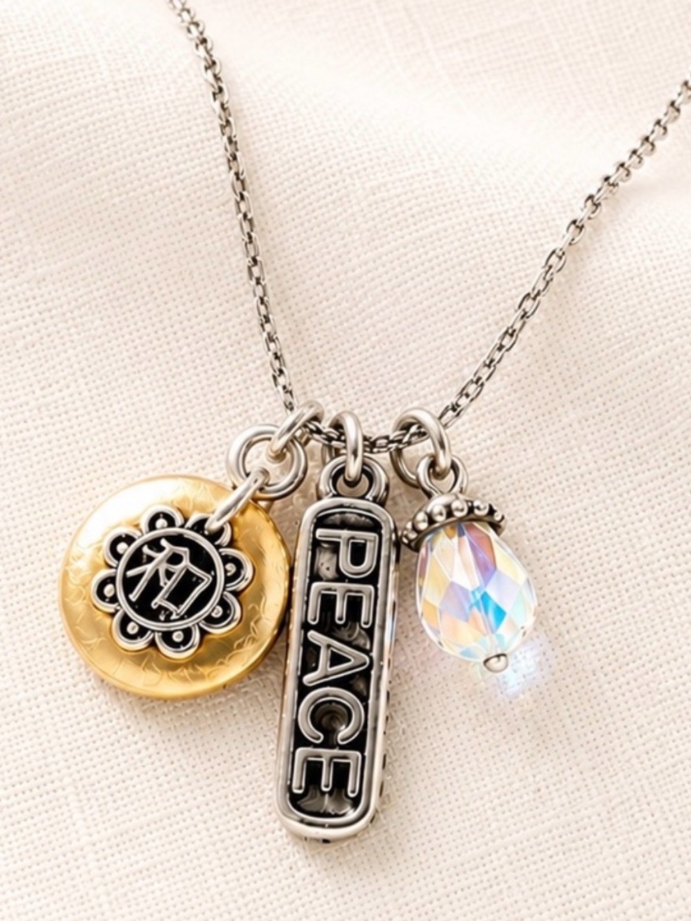 Brighton Peace Charm Vintage Necklace Silver Gold Tone Crystal Pendant 16”